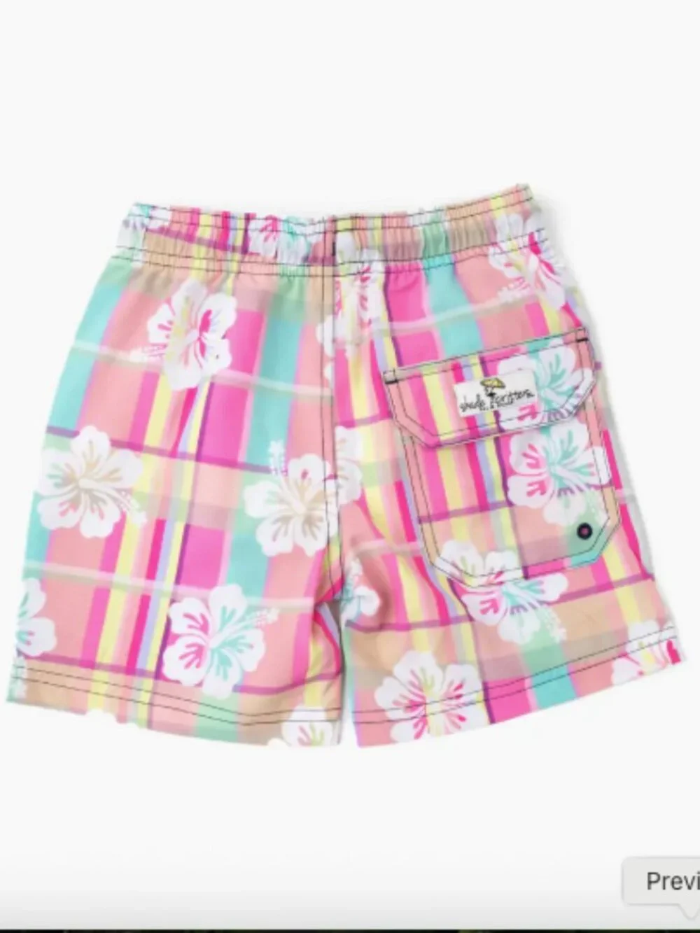 Kids Hibiscus Plaid UPF 50+ Swim Shorts Pink Aqua Tropical